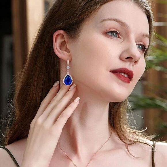 14K Rose Gold with Blue Diamond Cubic Zirconia Teardrop Hook Dangling Earrings - Picture 3 of 5